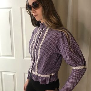 Vintage Foxmoor Blouse, Purple Plaid and White Lace, Victorian Grannycore 1970s